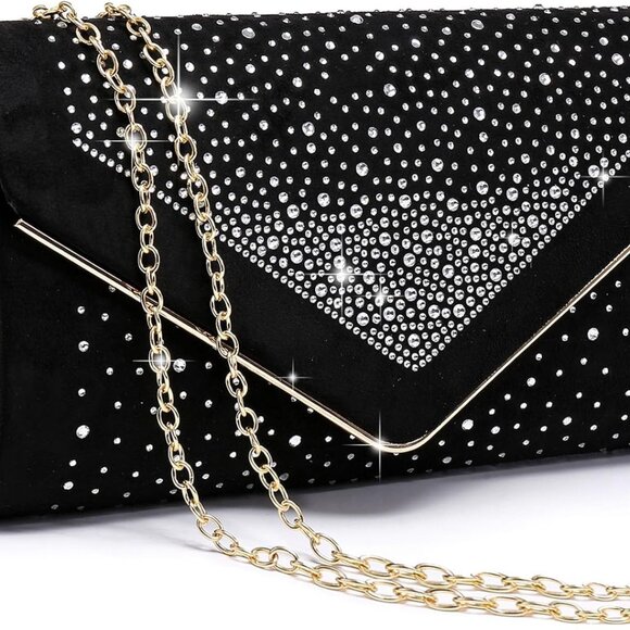 Women Rhinestone Evening Bag Faux Suede Clutch Formal Party Sparkly Purses Cockt - Picture 1 of 6